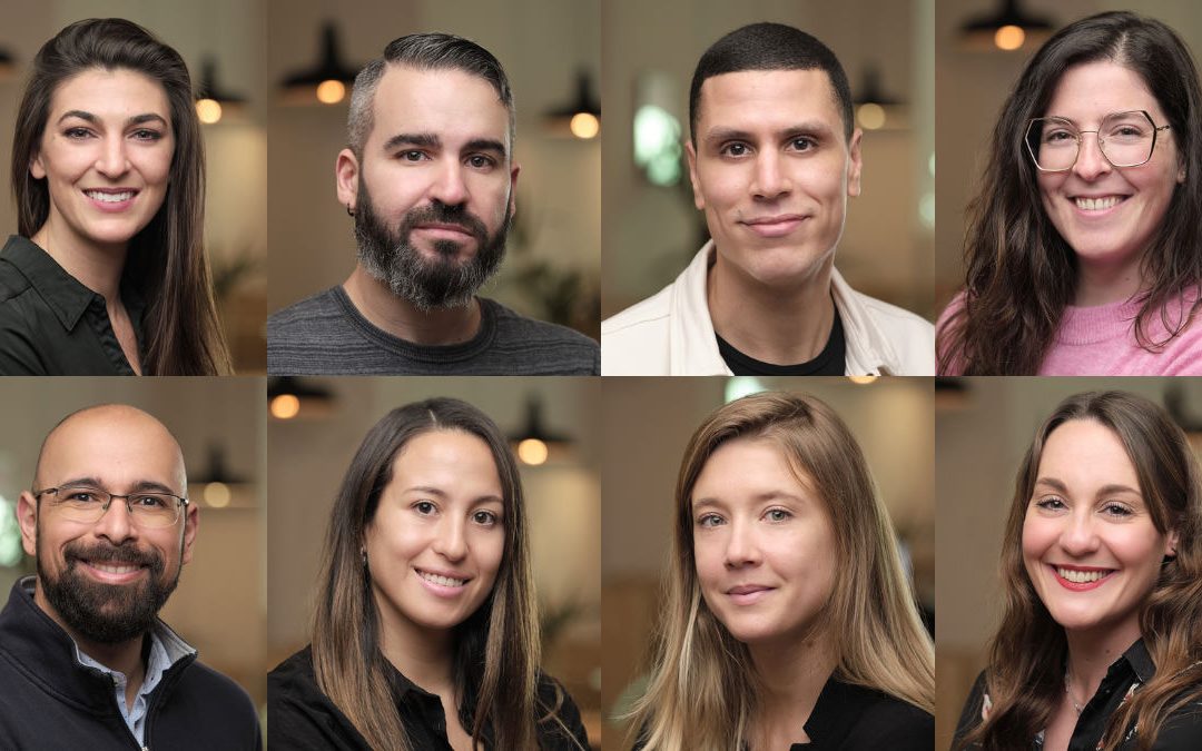 A collage of corporate headshots in an office